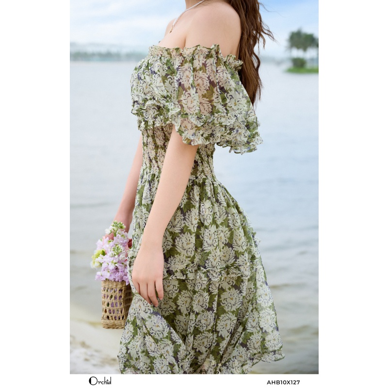 Đầm tơ hoa trễ vai hoa trắng Orchid - AHB10X127