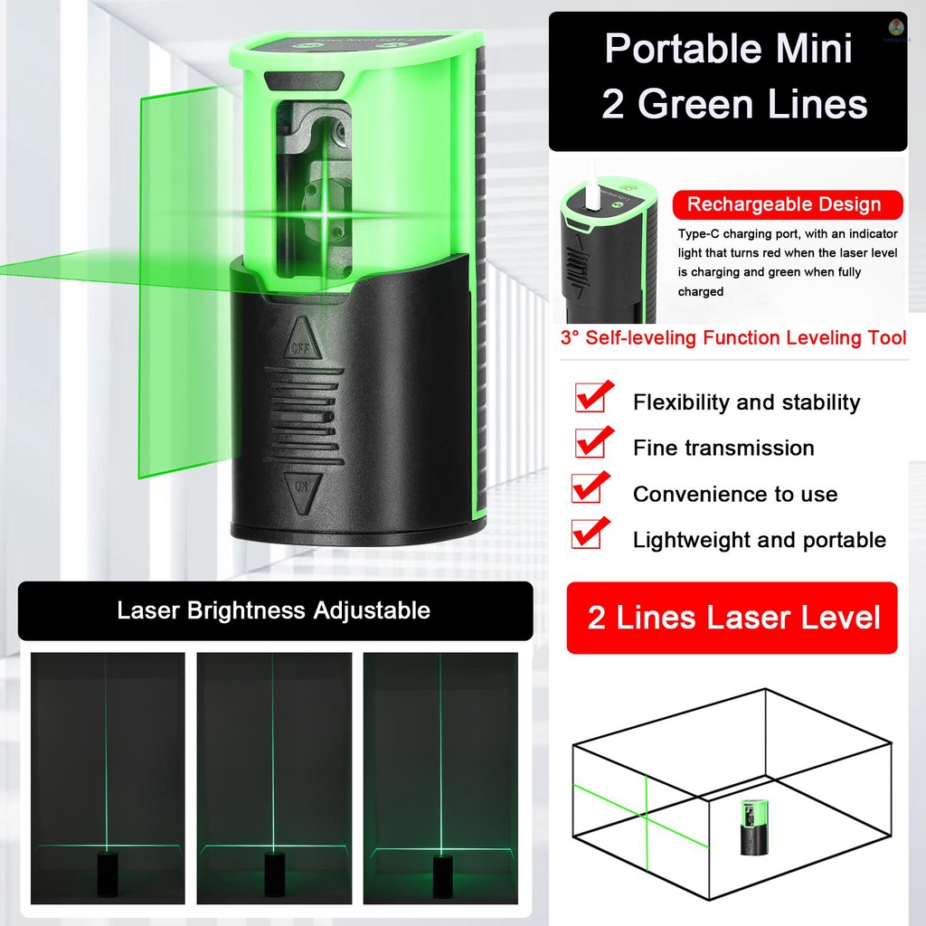 Máy Đo Mức Laser 2 Cấp Độ Đa Năng Mini Màu Xanh Lá Có Thể Sạc Lại Kèm Thanh Trượt Chống Rơi Tiện Dụng
