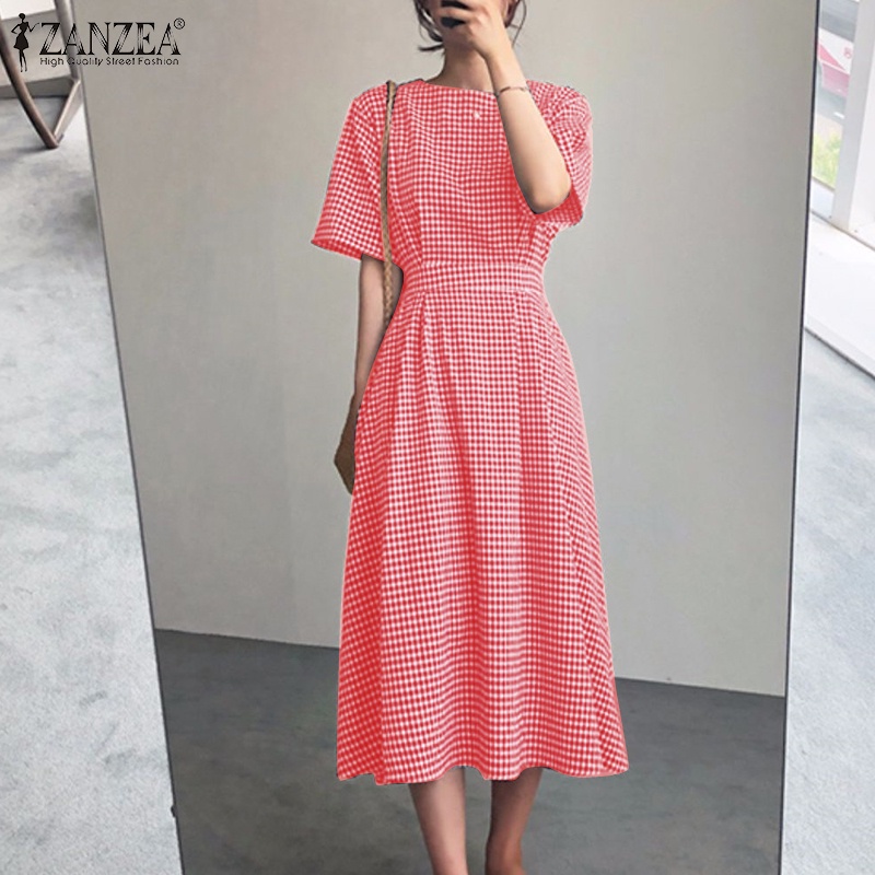 Zanzea Đầm Tay Lỡ Họa Tiết Sọc Caro Thiết Kế Chiết Eo Phong Cách Hàn Quốc Thời Trang