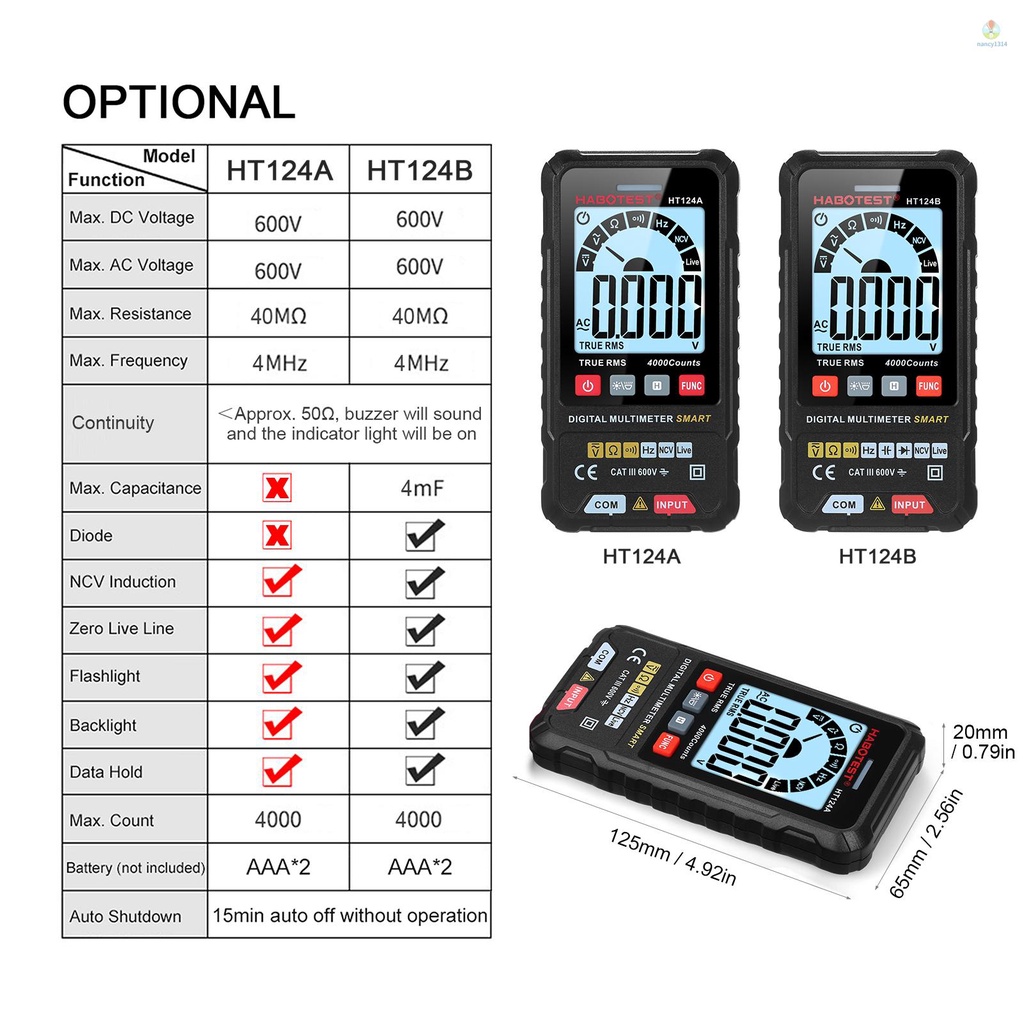 Máy Đo Điện Kỹ Thuật Số Thông Minh HABOTEST HT124A Đếm 4000 Có Màn Hình LCD 600V AC DC Đa Năng