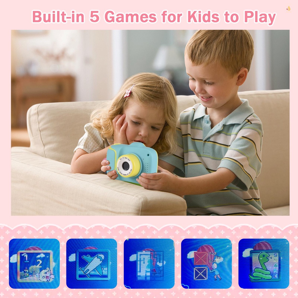 Máy Ảnh Kỹ Thuật Số Mini 1080P Màn Hình 2.0 Inch IPS 4X Zoom in Họa Tiết Hoạt Hình Dễ Thương Kèm Dây Đeo Cổ Cho Bé