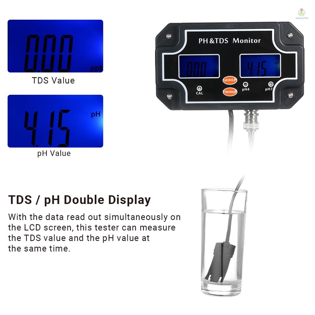 Máy Đo Chất Lượng Nước 2 Trong 1 PH / TDS Không Thấm Nước Màn Hình Kép Màu Đen Phích Cắm EU PH / TDS-2683