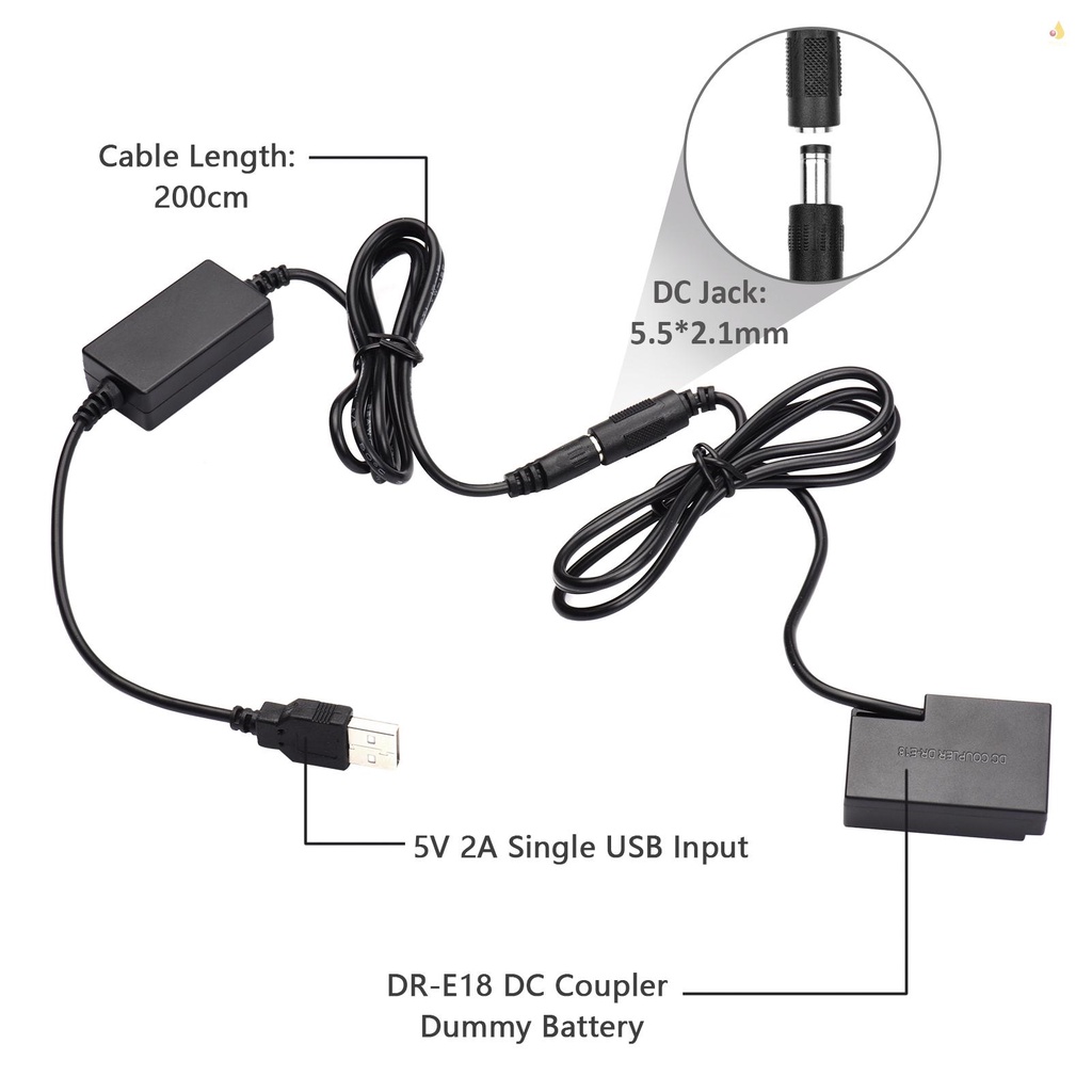 Bộ Nguồn Andoer DR-E18 USB DC Thay Thế Pin LP-E18 Với Cáp USB DC Tương Thích Với 750D Kiss X8i T6i 760D T6
