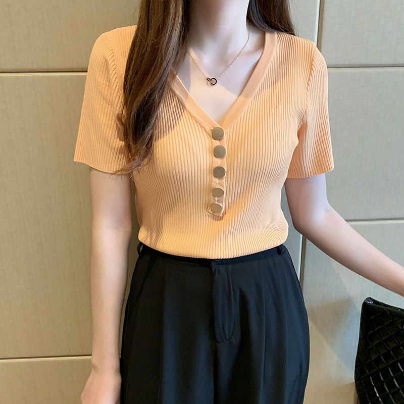 Áo Thun Tay Ngắn Cổ Chữ V Dáng Ôm Phong Cách Hàn Quốc Thời Trang Mùa Hè Hàng Mới Dành Cho Bạn Nữ