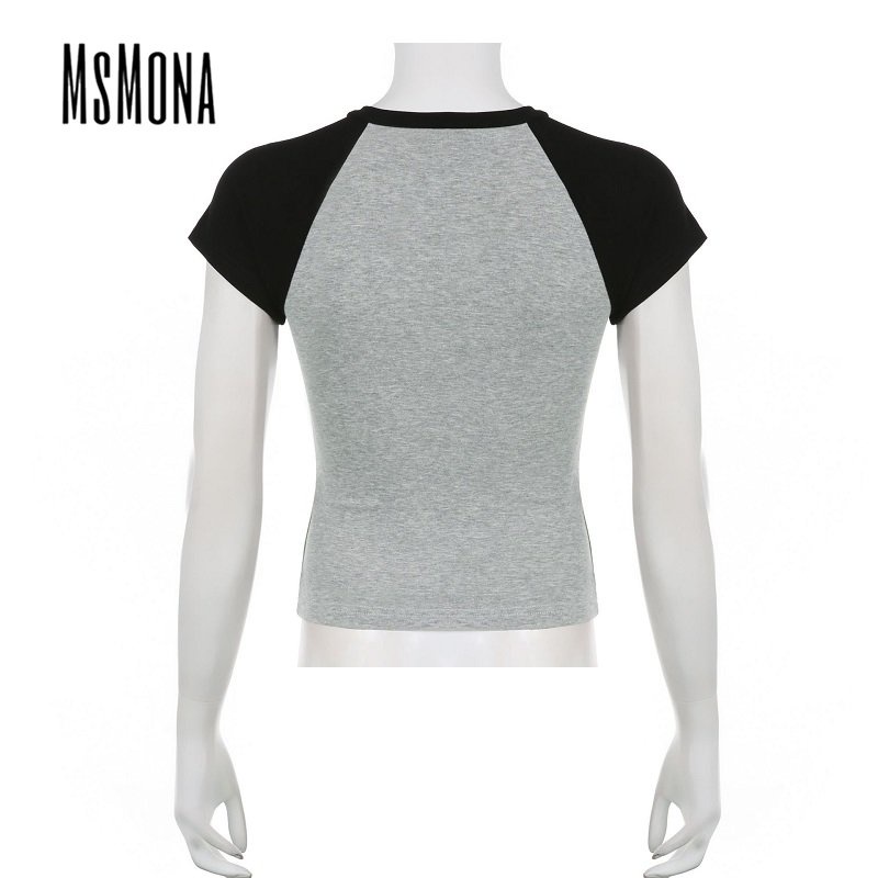 Áo Thun Tay Ngắn Cổ Tròn In Chữ Phối Màu Tương Phản Thời Trang 2023 Cho Nữ