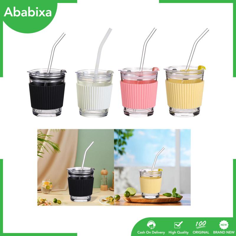 Cốc Thủy Tinh 350ml Có Nắp Silicone Cách Nhiệt Kèm Ống Hút Cho Tiệc Trà / Cà Phê