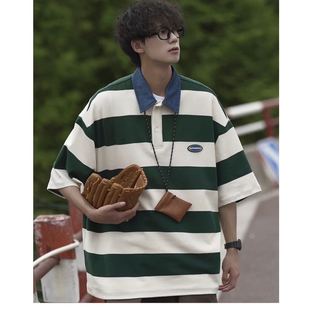 Áo polo Tay Ngắn Dáng Rộng Họa Tiết Kẻ Sọc Thời Trang Hàn Quốc Cao Cấp Cho Nam