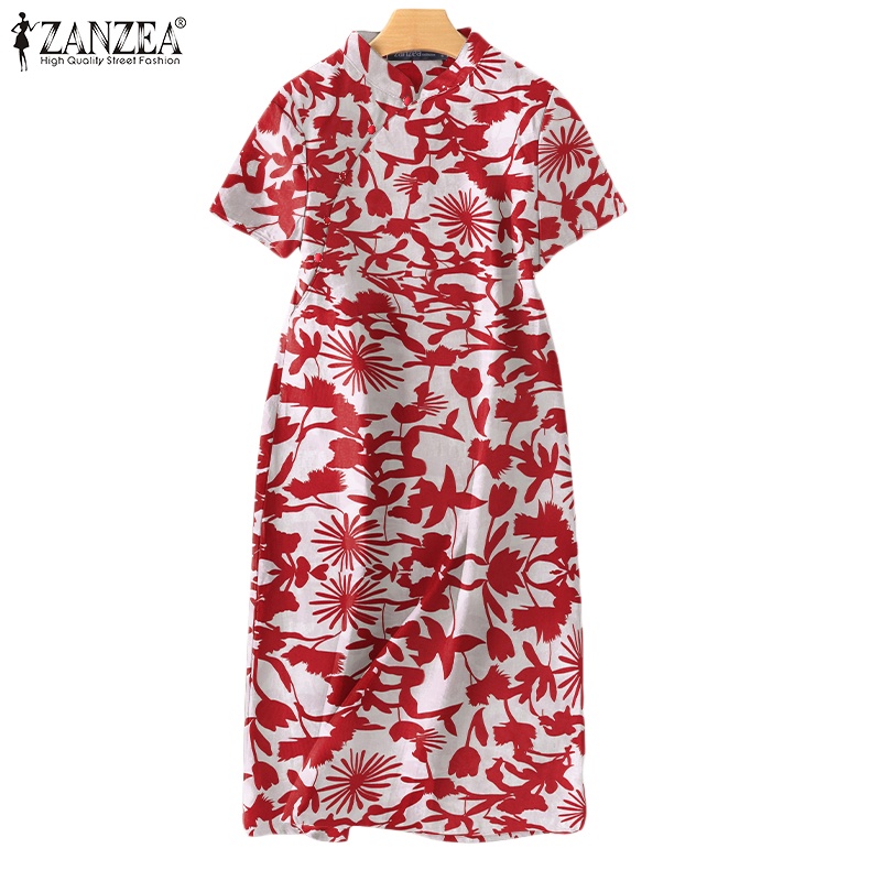 Zanzea Đầm Ngắn Tay Cổ Đứng In Họa Tiết Vintage Thời Trang Nữ Tính