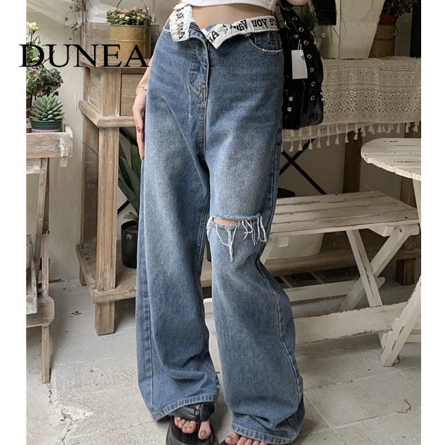 DUNEA Quần Jeans Nữ Ống Rộng Rách Gối Thời Trang