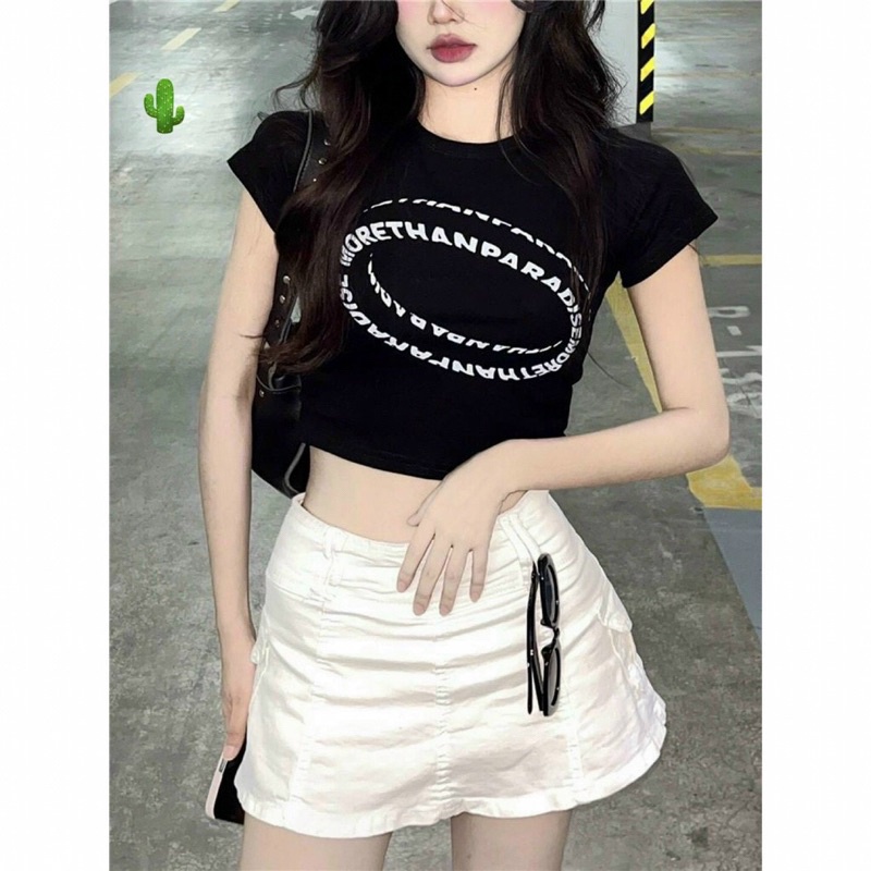 Áo thun croptop in chữ 2 vòng tròn, Áo thun tay ngắn in hình thời trang cá tính cho nữUk alohashop91