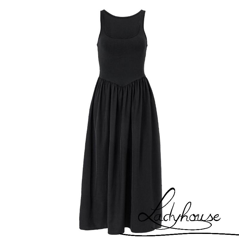 Đầm Hai Dây Dáng Chữ A Lưng Cao Màu Trơn Thời Trang Mùa Hè Cho Nữ