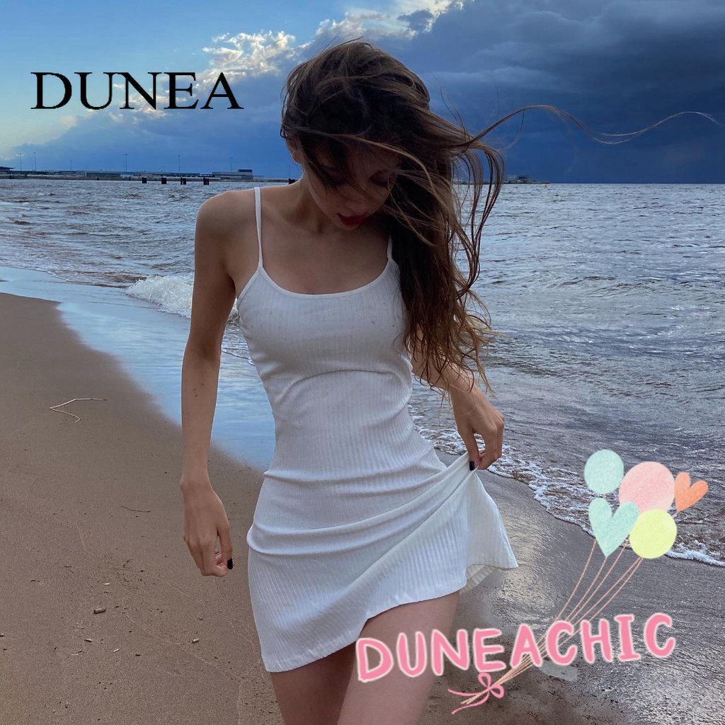 DUNEA Đầm mini hai dây hở lưng màu trơn ngọt ngào cho nữ