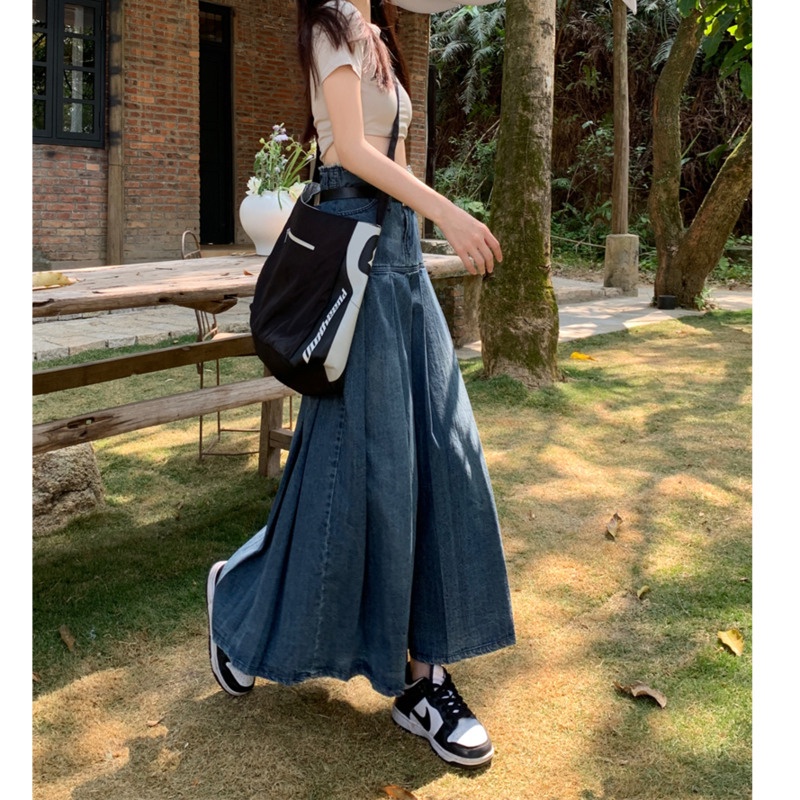 Chân Váy Denim Dài Lưng Cao RENJIANVSHENG Xếp Ly Kiểu Retro Dễ Thương
