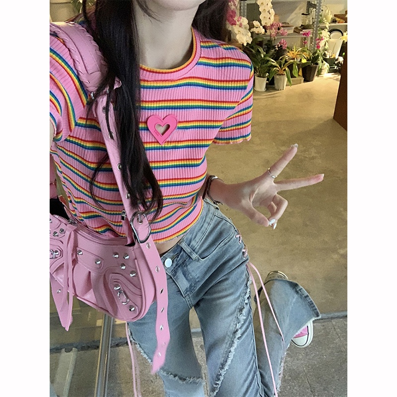 NZN Áo Croptop Tay Ngắn Hoạ Tiết Kẻ Sọc Phối Hình Trái Tim Đáng Yêu