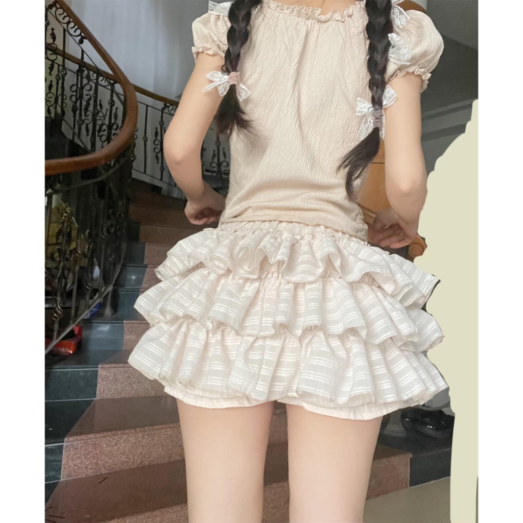 [F &amp; X] Chân Váy Ba Lê Xếp Ly Hai Tầng Quần Bí Ngô Mini Thêu Ba Chiều Cao Cấp Bên Ngoài