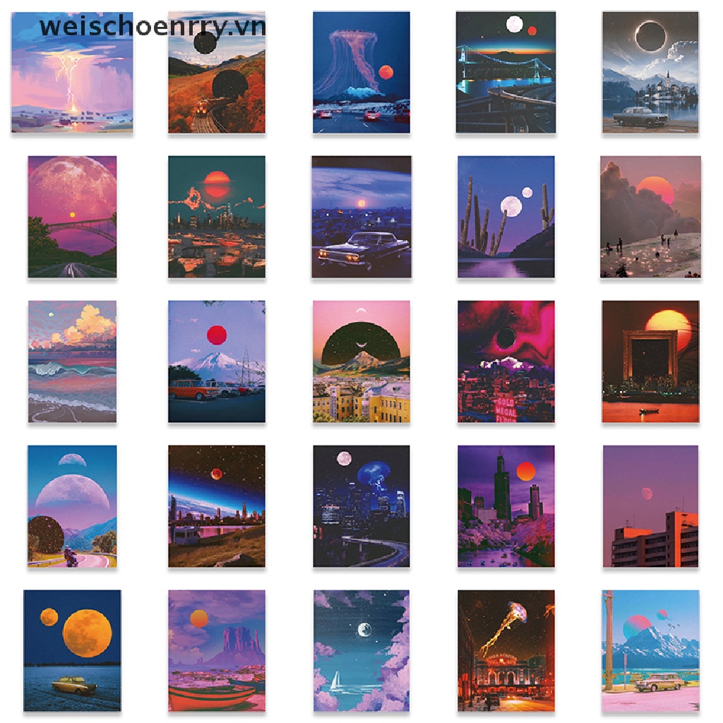 Bộ 50 Sticker Họa Tiết Hoàng Hôn Hoạt Hình Graffiti Trang Trí Sổ Tay