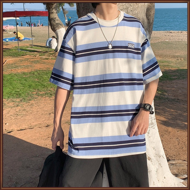 Áo Thun Cổ Tròn Tay Ngắn Dáng Rộng Họa Tiết Kẻ Sọc Thời Trang Mùa Hè Cho Nam