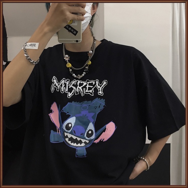 Áo Thun Tay Ngắn Cổ Tròn Dáng Rộng In Họa Tiết Hoạt Hình Graffiti Thời Trang Cho Nam Và Nữ