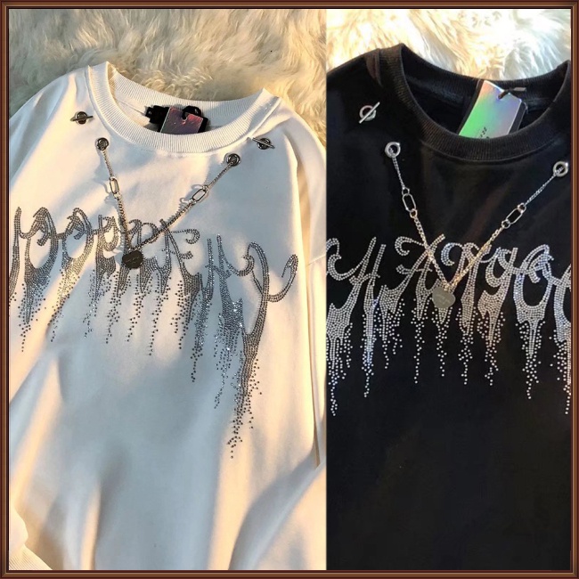 Áo Sweater Cotton Cổ Tròn Tay Dài Dáng Rộng Màu Trơn Phối Dây Xích Thời Trang Cho Nam Và Nữ