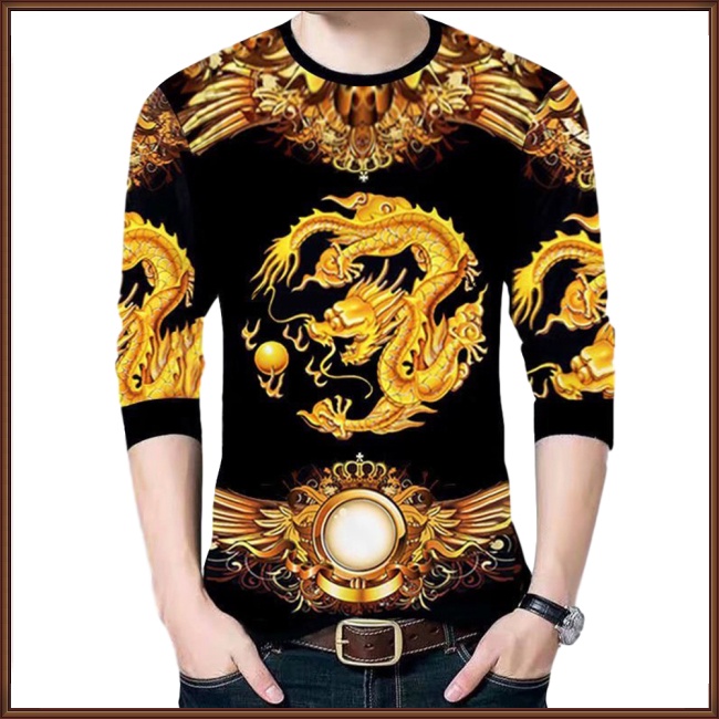 Áo Thun Tay Dài Cổ Tròn In Hình Rồng Cá Tính Hợp Thời Trang Cho Nam