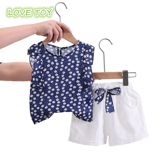 Set Đồ Mùa Hè 2 Món Gồm Áo Cotton In Họa Tiết + Quần Ngắn Thoáng Khí Cho Bé Gái 1-4 Tuổi