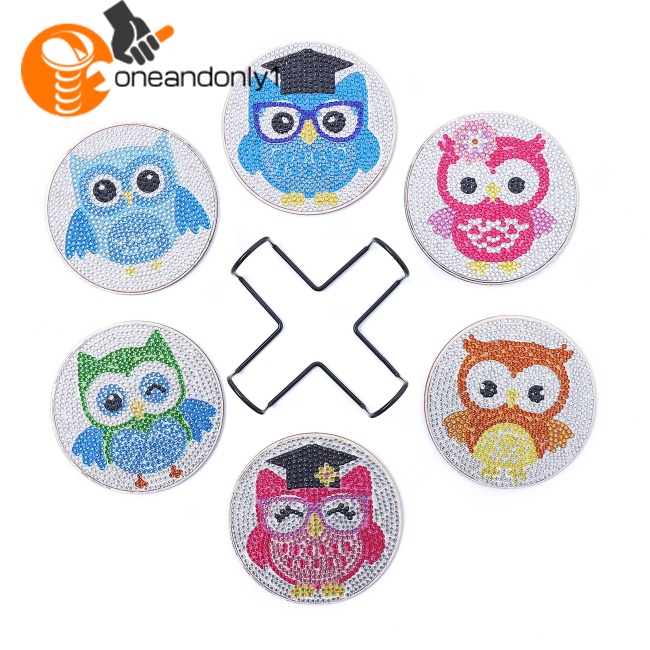 Bộ 6 Đế Lót Ly Họa Tiết Chim Cú Kèm Giá Đỡ Tiện Dụng Cho Người Mới Bắt Đầu