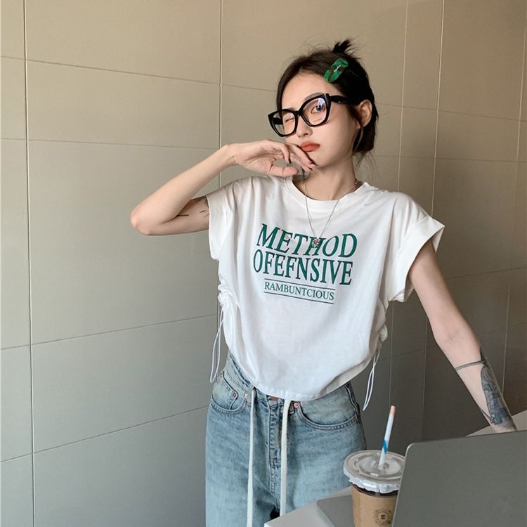 Áo Thun Tay Ngắn Thiết Kế Mới Mùa Hè 2023 Có Dây Rút Độc Đáo Cho Nữ