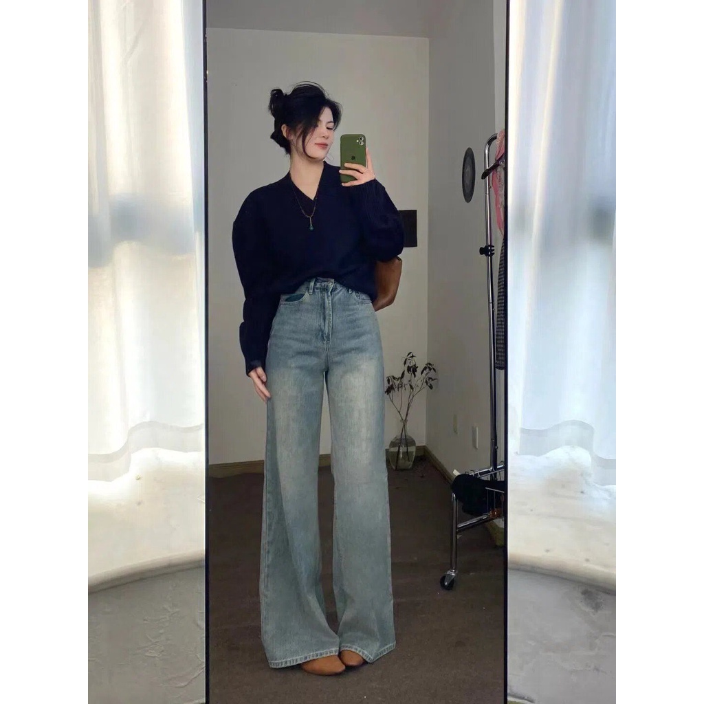 [Hàng Có Sẵn] Quần Denim Ống Rộng Dáng Suông Lưng Cao Cổ Điển Xuân Hè