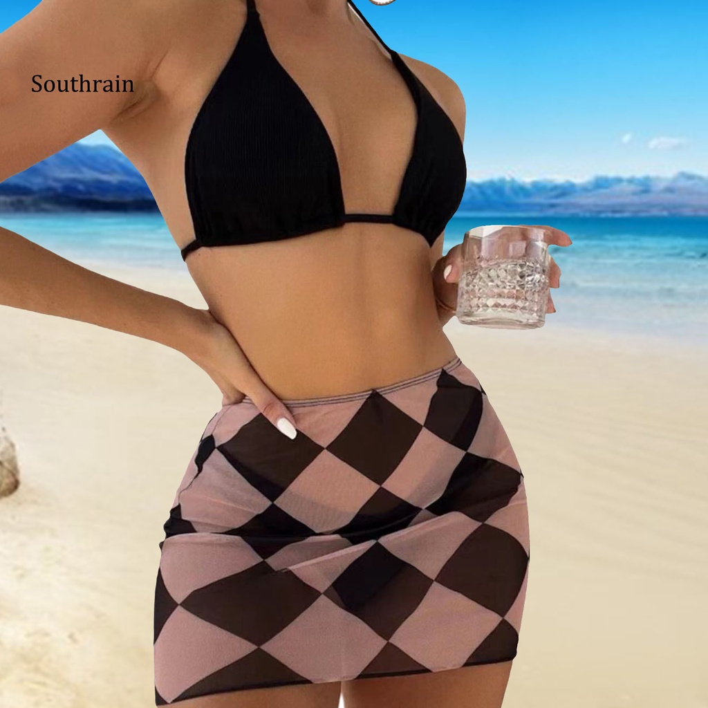 Bộ 3 Món Đồ Bơi Bikini Dạng Váy Hai Dây Nâng Ngực Màu Sắc Trơn In Họa Tiết Hình Học Tùy Chỉnh Cho Nữ