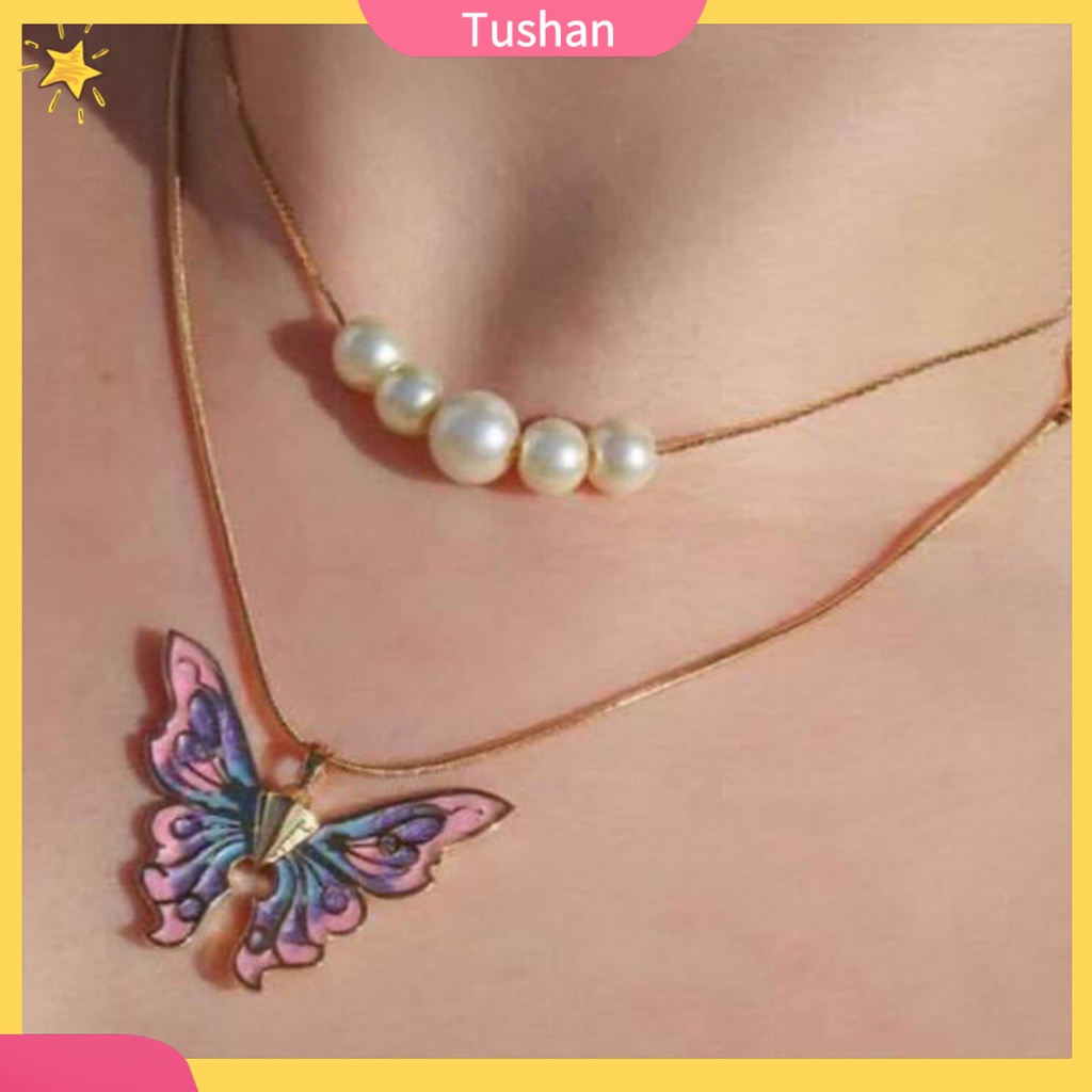 [Ts] Vòng cổ Nhiều Lớp Ngọc Trai Giả Mặt Bướm Nhỏ Giọt Thời Trang Nữ
