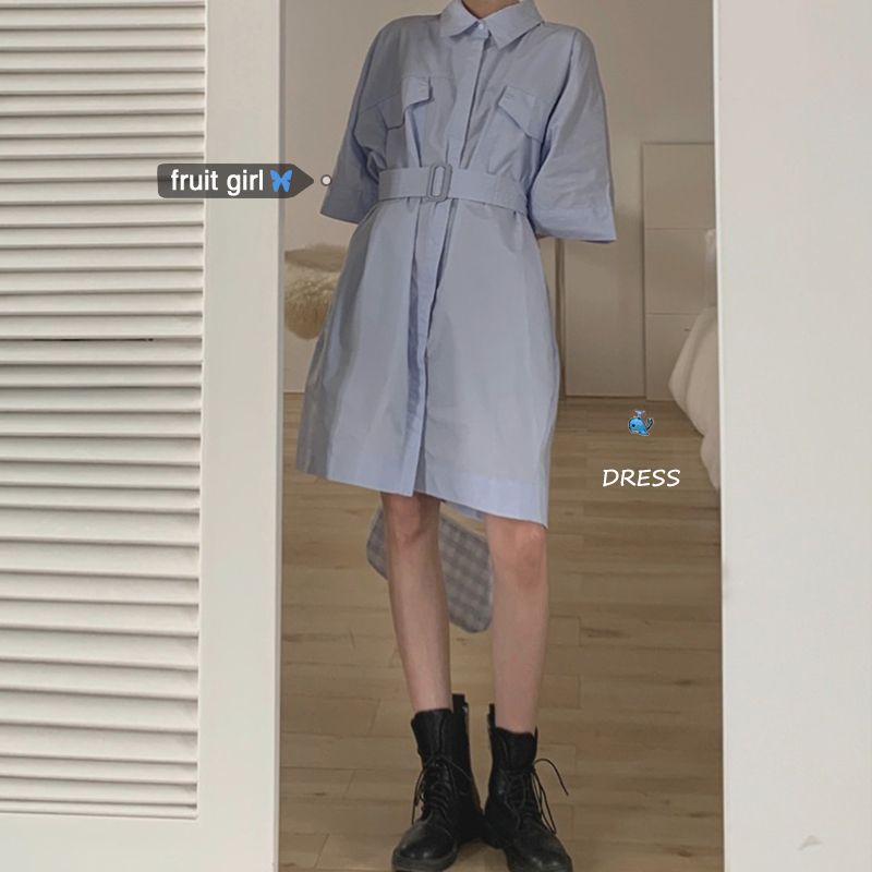 Đầm Sơ Mi Cổ Bẻ Dáng Rộng Phối Túi Thời Trang Hàn Quốc Trẻ Trung Cho Nữ