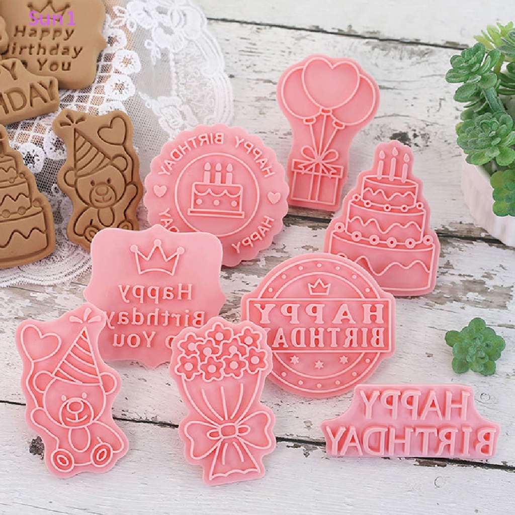 Set 8 Khuôn Nhựa Làm Bánh Quy 3D Chủ Đề Sinh Nhật Cho Bé