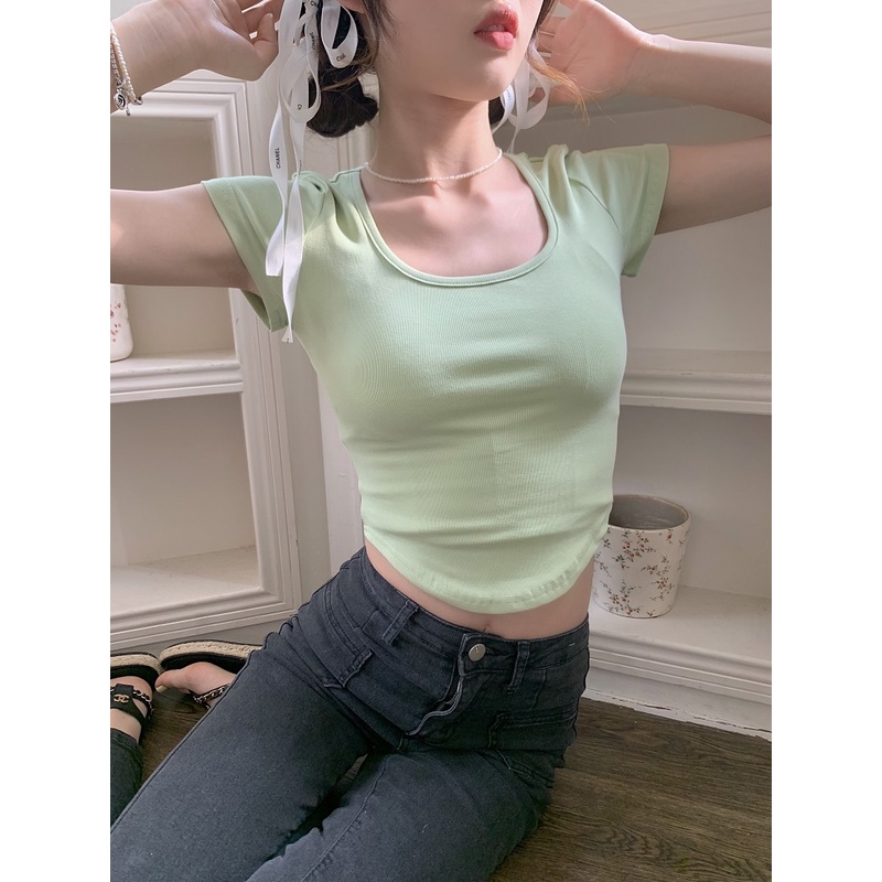 Áo Thun Ngắn Tay Cổ Chữ U Lệch Vai Thời Trang Mùa Hè Cho Nữ