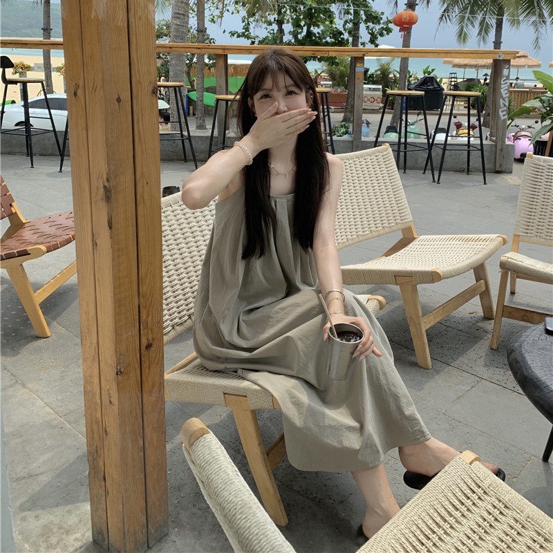 Đầm Hai Dây Dáng Dài Rộng Màu Sắc Đơn Giản Cho Nữ