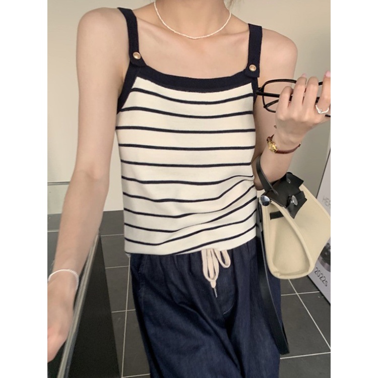 Áo Hai Dây Dáng Ôm Ngắn Họa Tiết Kẻ Sọc Thời Trang Mùa Hè Hàn Quốc 2023