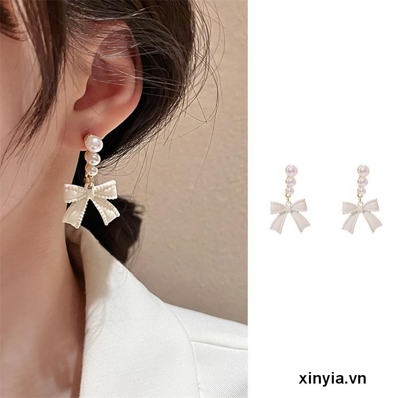 Bông Tai Mạ Bạc 925 Hình Nơ Đính Ngọc Trai Cho Nữ