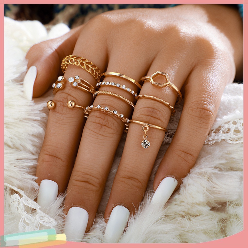 Bộ 8 Nhẫn Hợp Kim Đính Đá Lấp Lánh Thời Trang Cho Nữ