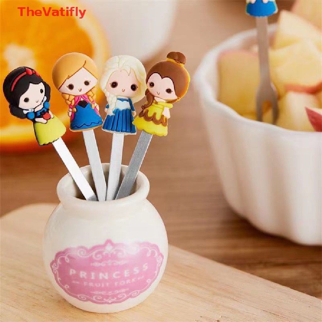 Bộ 6 Nĩa Ăn Trái Cây Bằng Thép Không Gỉ Hình Công Chúa Hoạt Hình Kèm Giá Đỡ