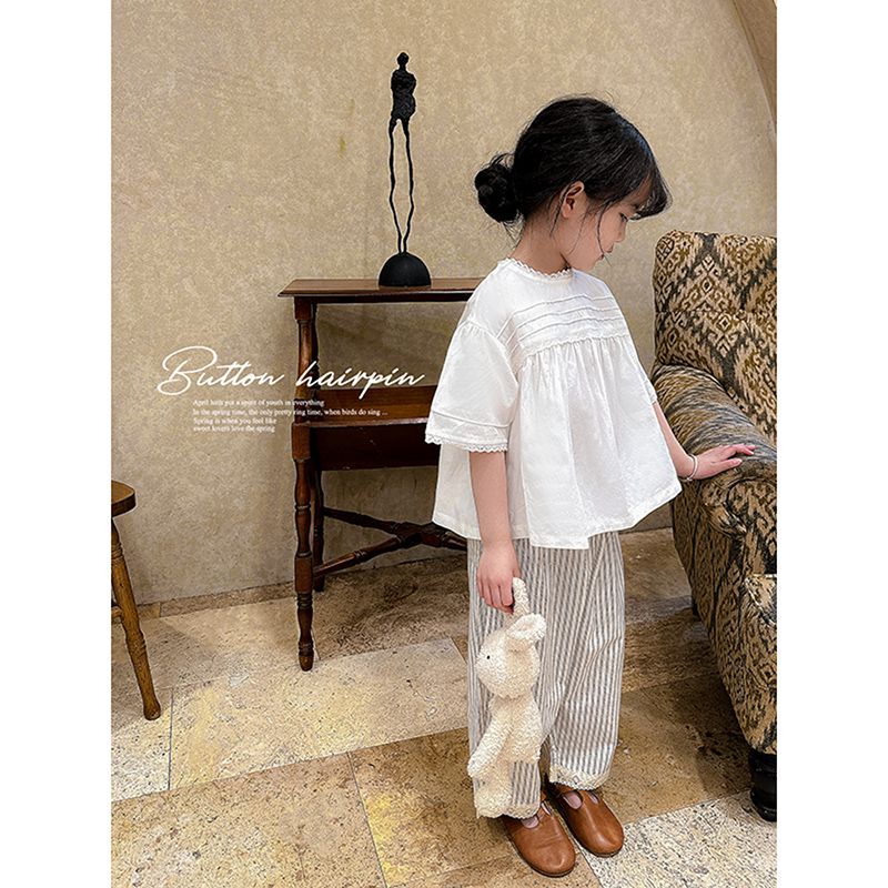 Set Áo Thun Tay Ngắn Và Quần Dài Họa Tiết Kẻ Sọc Thời Trang Mùa Hè Cho Bé Gái