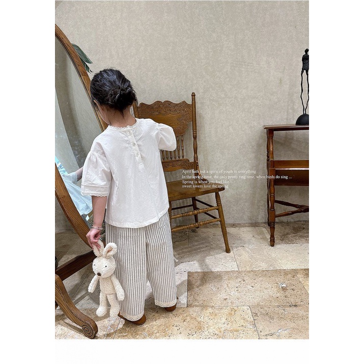 Set Áo Thun Tay Ngắn Và Quần Dài Họa Tiết Kẻ Sọc Thời Trang Mùa Hè Cho Bé Gái