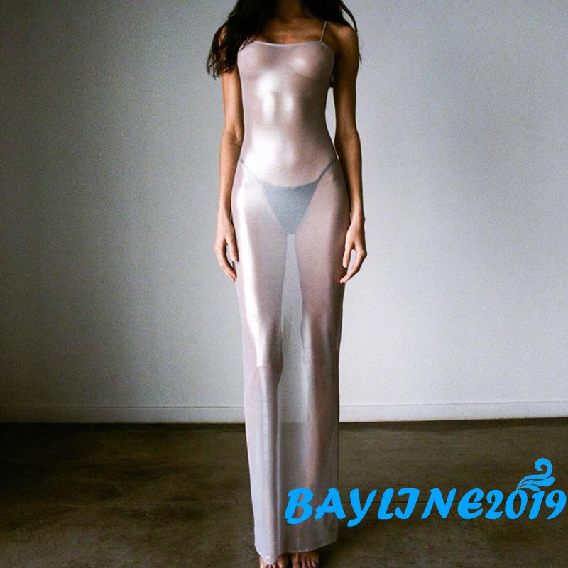 Đầm Hai Dây Dáng Dài Lưng Cao Xuyên Thấu Thời Trang Dự Tiệc Cho Nữ