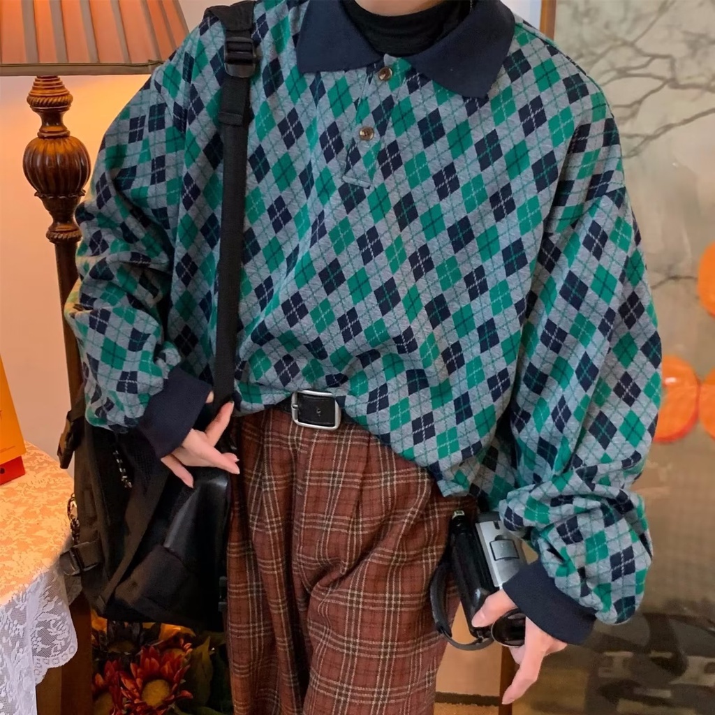 Áo Sweater POLO Dáng Rộng In Họa Tiết Kim Cương Kiểu Retro Nhật Bản Thời Trang Xuân Thu 2023 Cho Nam Và Nữ