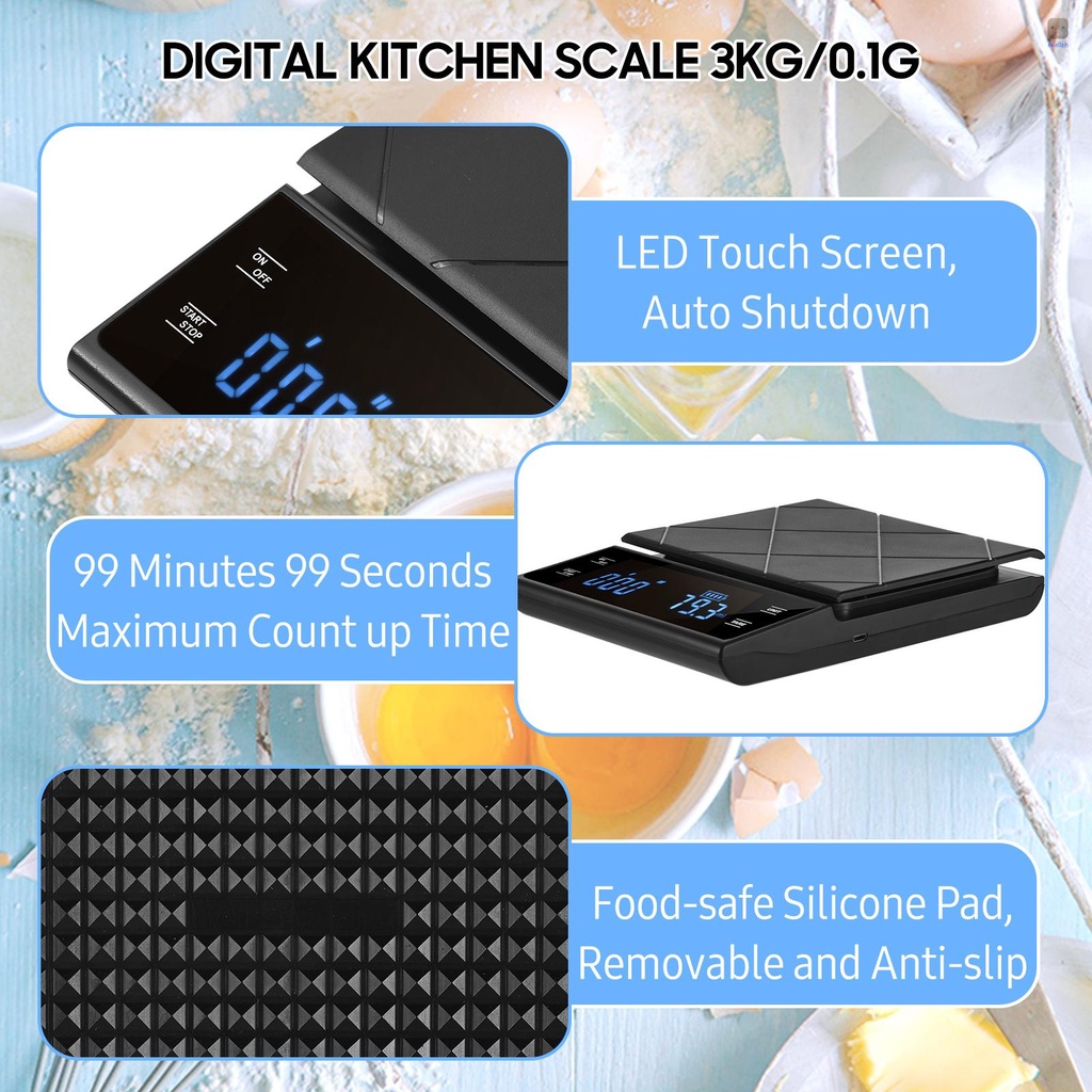 Cân Điện Tử Màn Hình LED Cảm Ứng 3kg / 0.1g Độ Chính Xác Cao Cho Nhà Bếp