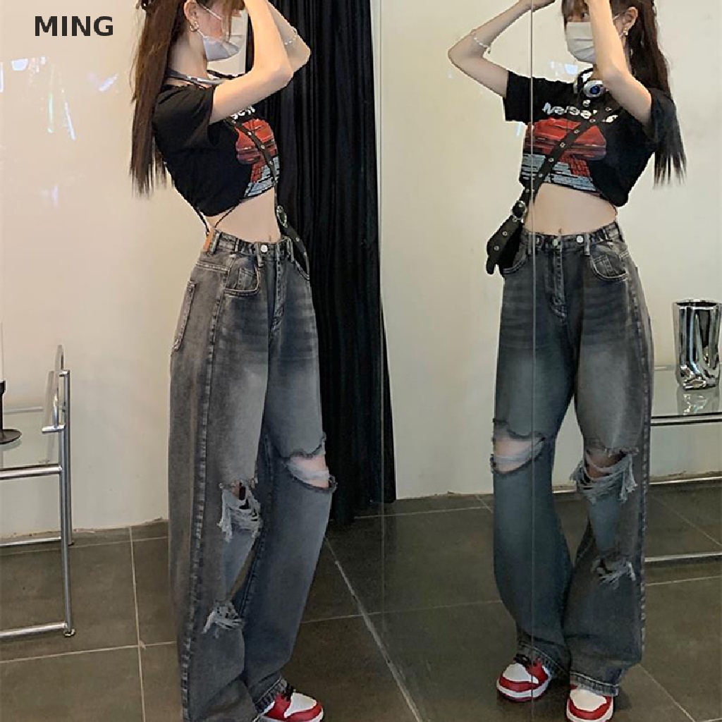 Quần Jeans Nữ Lưng Cao Dáng Rộng Rách Cá Tính