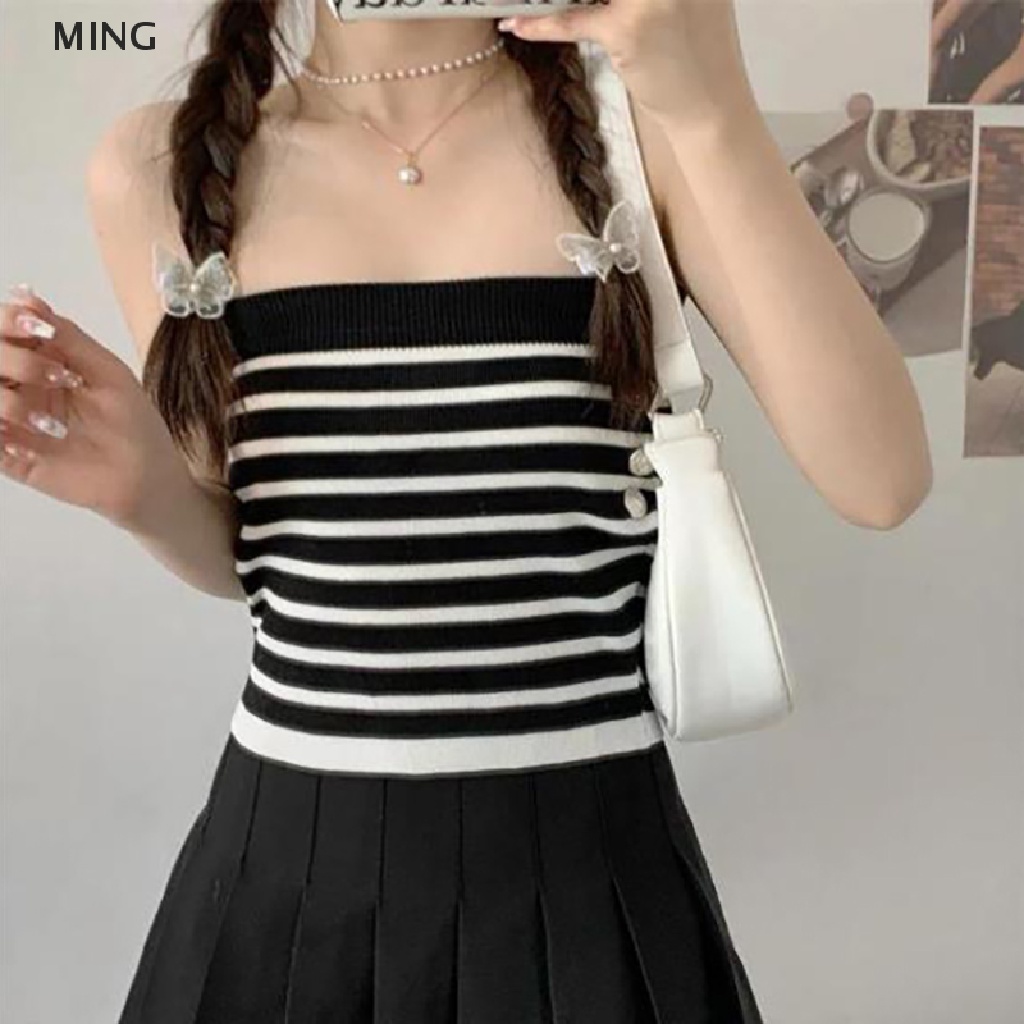 Áo Dệt Kim Hai Dây Cài Nút Họa Tiết Kẻ Sọc Gợi Cảm Thời Trang Mùa Hè Cho Nữ
