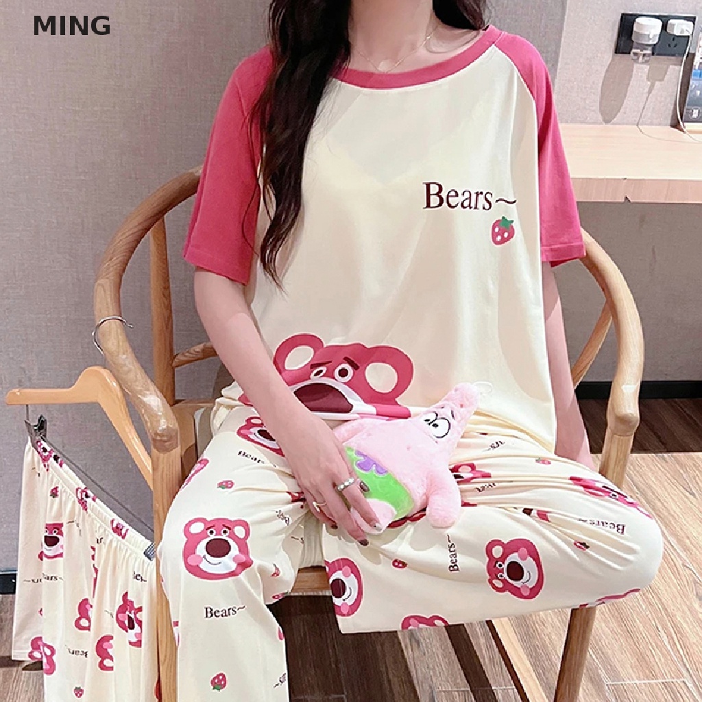 Bộ Đồ Ngủ 3 Món Tay Ngắn Dáng Rộng In Họa Tiết Hoạt Hình Thời Trang Mùa Hè Xinh Xắn Cho Nữ