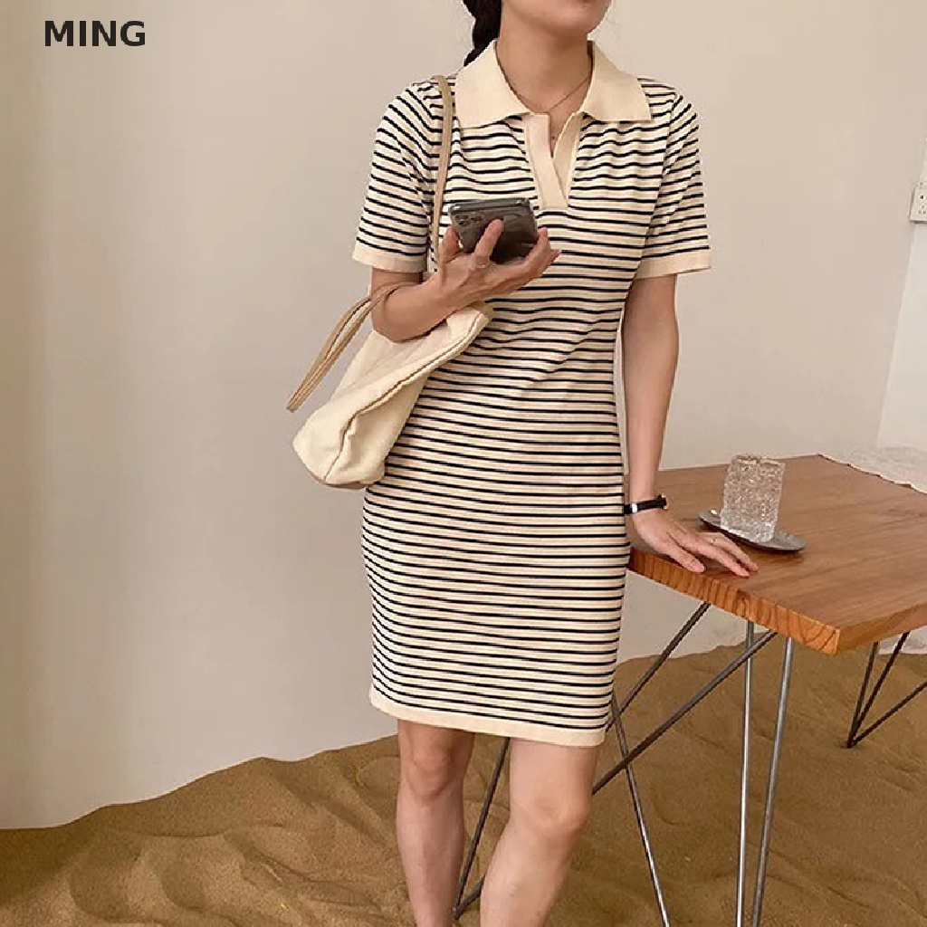 Đầm Dệt Kim Ngắn Tay Cổ Chữ V Họa Tiết Kẻ Sọc Thời Trang Mùa Hè 2023 Cho Nữ