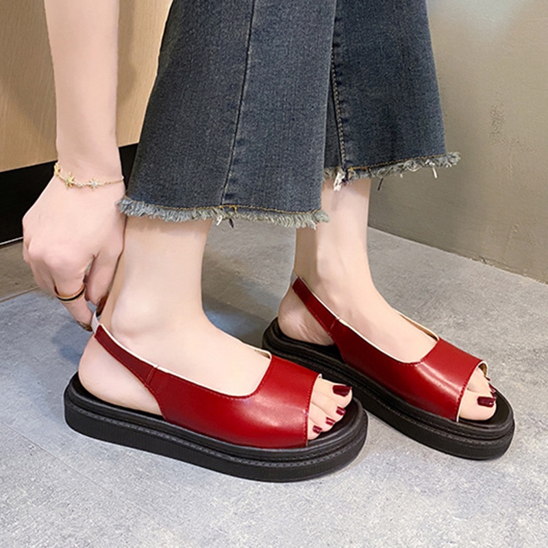 IELGY Xăng đan Đế Dày Hở Mũi Màu Trơn Phong Cách Retro Cho Nữ