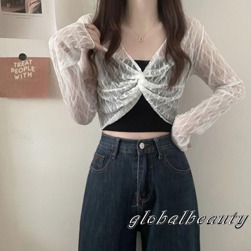 Áo Crop Top Tay Dài Cổ Chữ V Kiểu Lưới Thời Trang Cho Bạn Gái