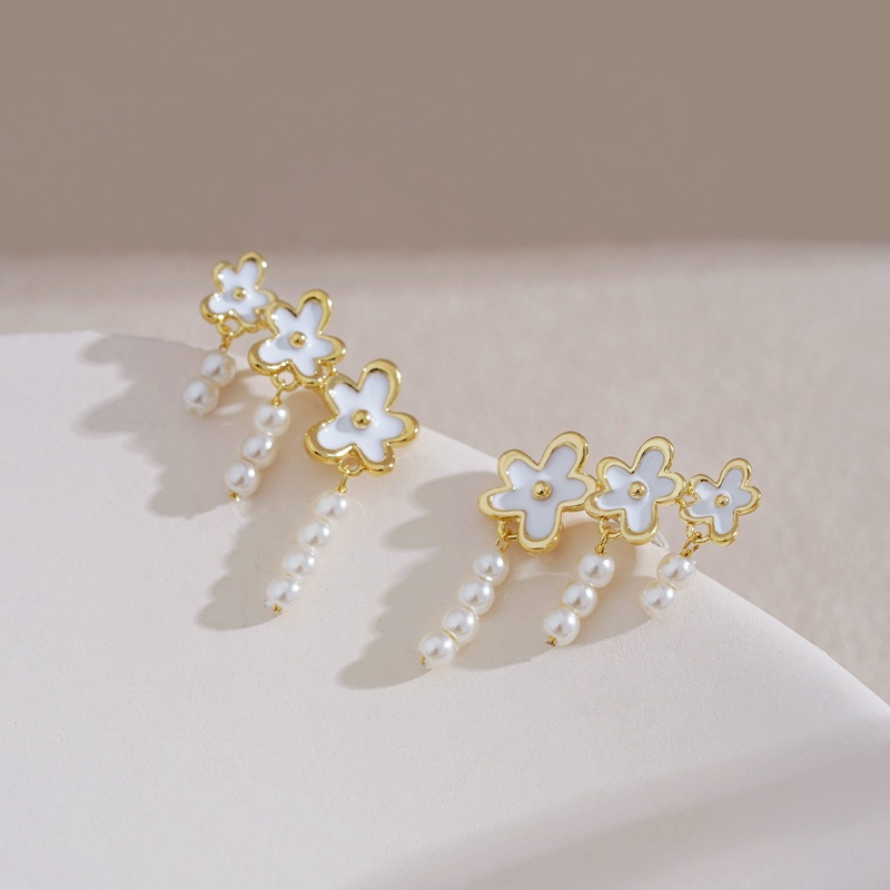 Bông Tai Chuỗi Hạt Ngọc Trai Trắng Đen Hình Hoa Nhỏ Đơn Giản Đa Năng Thời Trang Cho Nữ